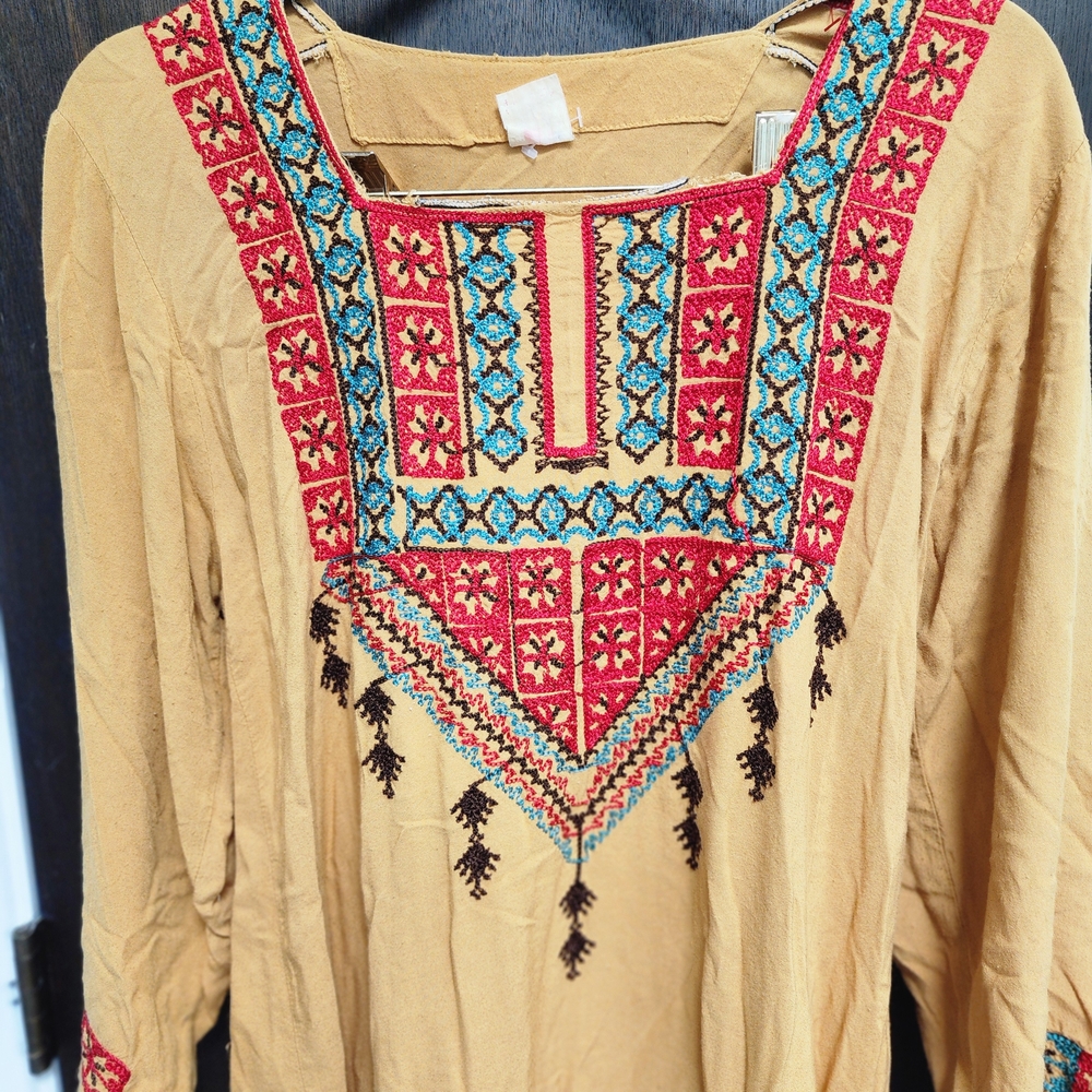 Vintage Bedouin Embroidered Mustard Color Maxi Dress M